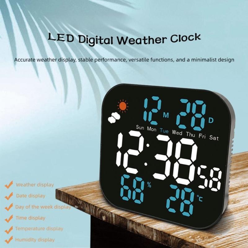 Alarm Clocks for Bedroom LED Digital Weather Clocks Desk Alarm Clock with Auto Dimming Day of Week Indoor Temperature