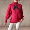 Women's Base Layer, Autumn and Winter Bat-sleeved Top, Lace Bow Patchwork High-neck Pullover Sweater