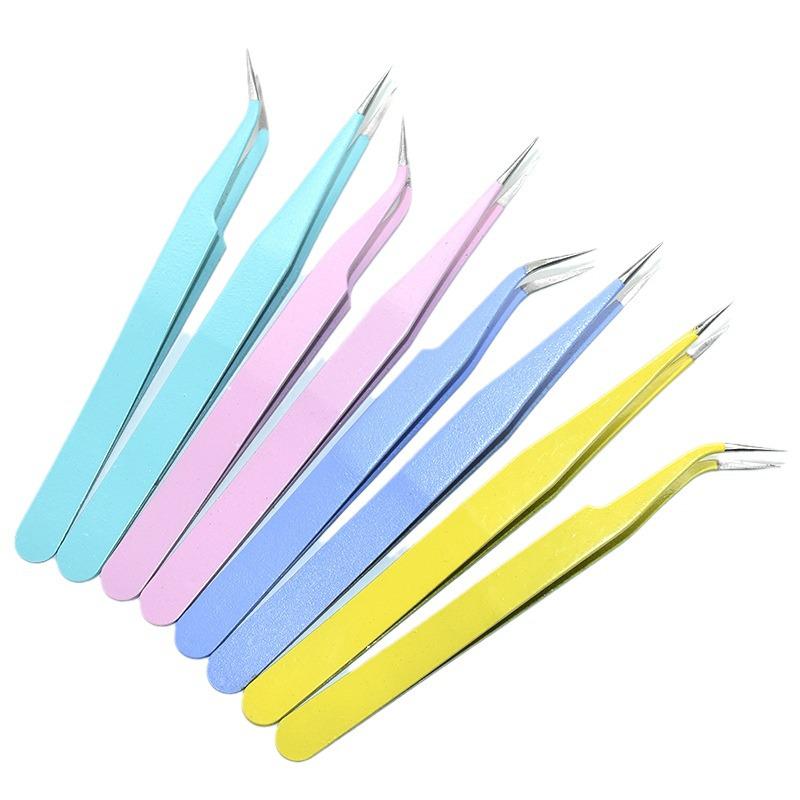 Colorful Stainless Steel Curved Tweezers for False Eyelashes and Planner Clips