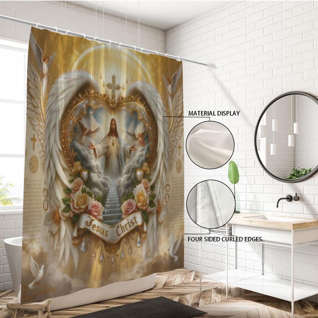 1 ks Vodotěsný sprchový závěs s potiskem Svatého Ježíše, Dělící závěs pro soukromí, Závěsný závěs s 12 háčky, Více velikostí, Lze prát v pračce