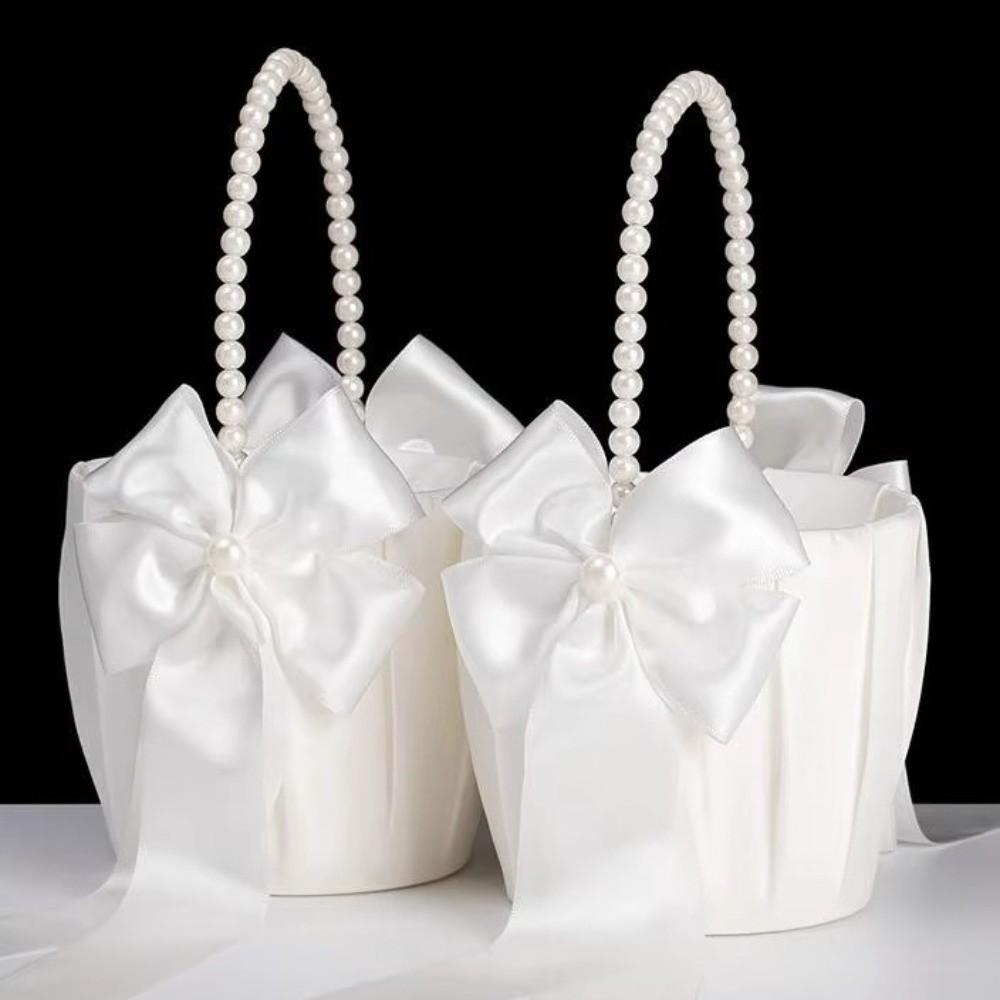 Rustic Bowknot Pearl Handle Basket Vintage Flower Girl Basket Wedding Flower Basket  Floral Petals
