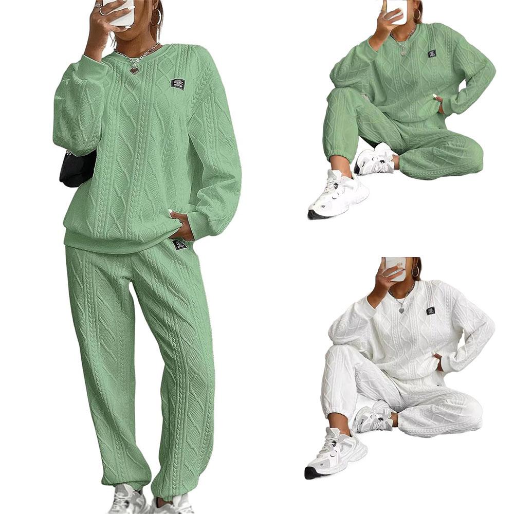 Women's Sports Set 2-piece, Solid Color Oversized Round Neck Sports Shirt and Pants Set, Pullover Casual Set