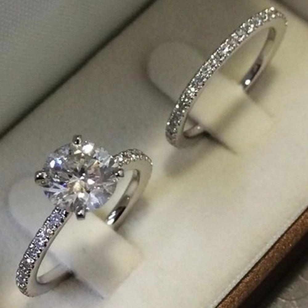 2pcs Set Classic Trendy Four Claws Double Layer Fold Wear Zircon Rings for Women Luxury Crystal Bride Wending Jewelry Set Gifts