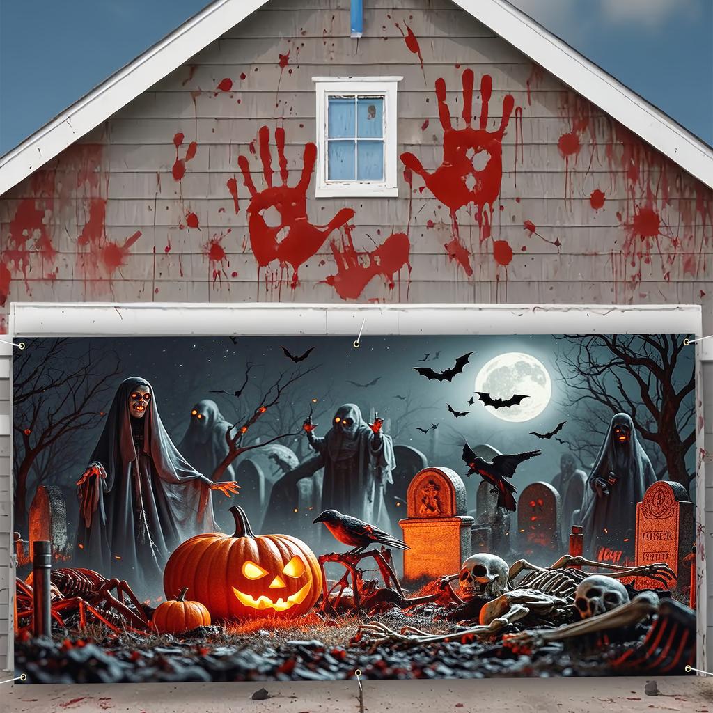 2D banner 1 piece Halloween garage door decoration with pumpkin bat tombstone and ghost design Halloween decoration