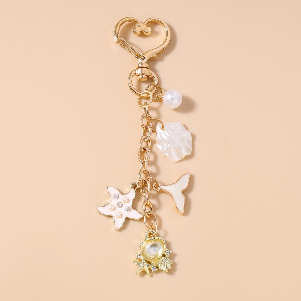 Fashion Marine Life Shell Conch Starfish Keychain Women Girls Pearl Key Ring Pendant for Handbag Decor DIY Key Chain Gifts