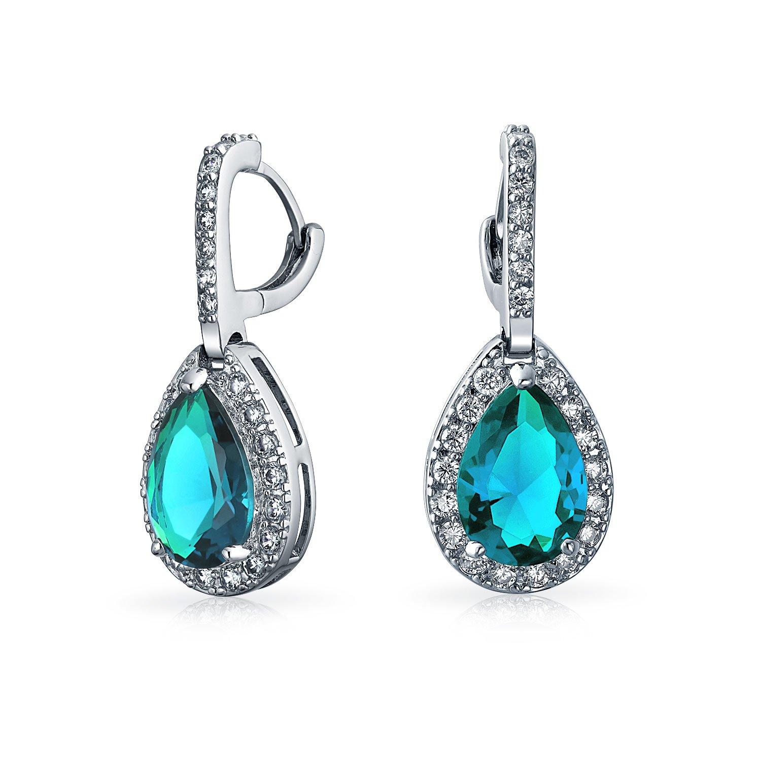 

Artificial Aquamarine CZ Silver Plated Brass 5 Carat Light Blue Huggie Type Catch Teardrop Earrings [Bling Jewelry]