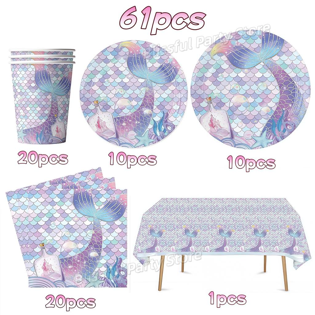 Mermaid Birthday Party Decorations Tableware Plate Cup Napkin Balloon Hanging Banner Party Decor Girl Favor Baby Shower Supplies