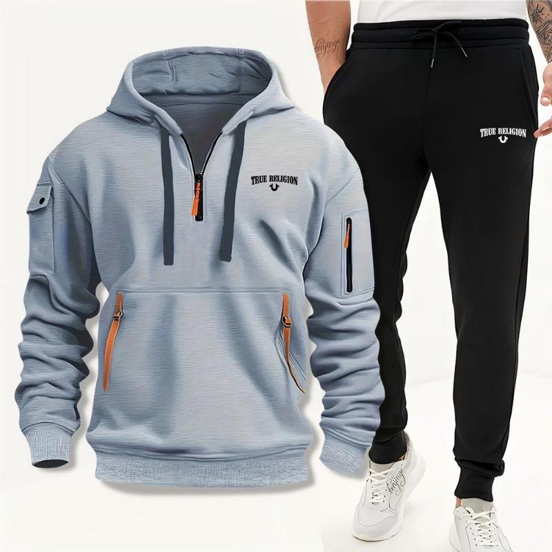 2024 European and American Men's Multi-pocket Multi-zipper Fleece-lined Sweater Suit Daily Joker Street Fashion Fashion Fashion