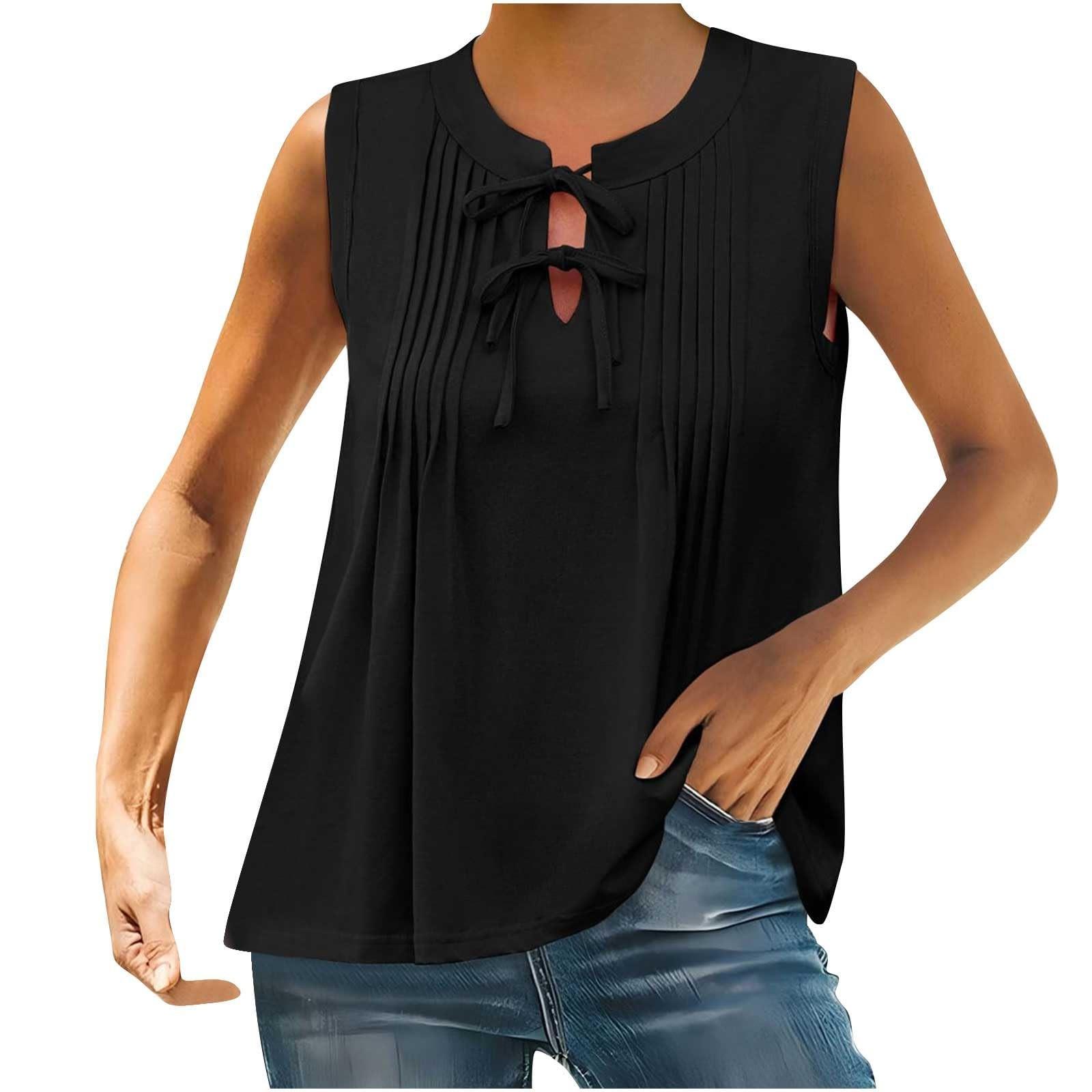 

Women s Summer Fashion Pleated Shirt Loose T-Shirt Solid Color Casual Top L чёрный