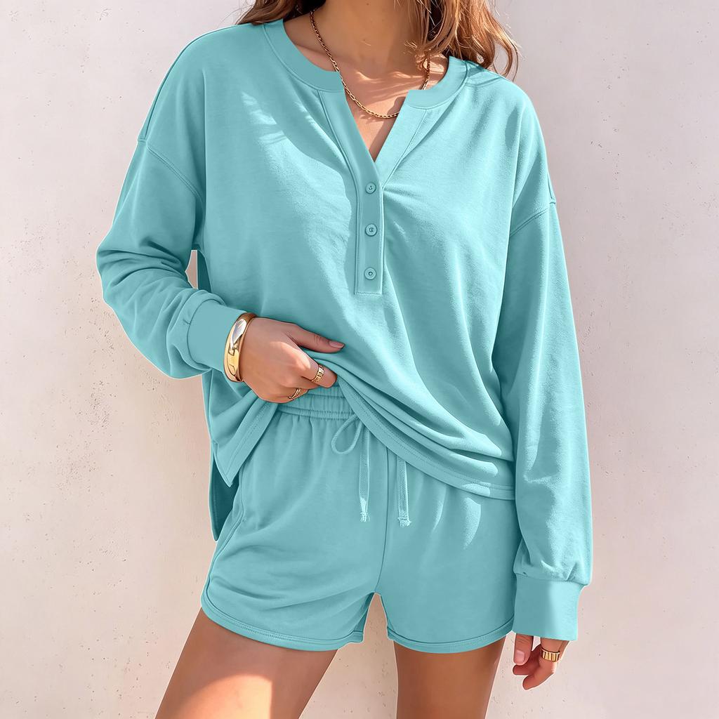 Women's Casual Long Sleeve Top and Shorts 2 Piece Set for Fall Winter