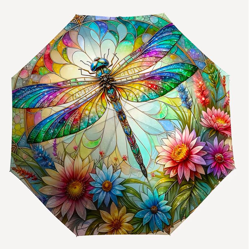 1PC Dragonfly Stained GlassAutomatic Open/Close Umbrella with Windproof, 8-Rib Sturdy Canopy, Durable Ribs, Fashionable Design, Outdoor Accessory, Fun