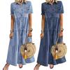 Women Loose Long Denim Dress Retro Turn Down Collar Short Sleeve with Pockets and Buttons