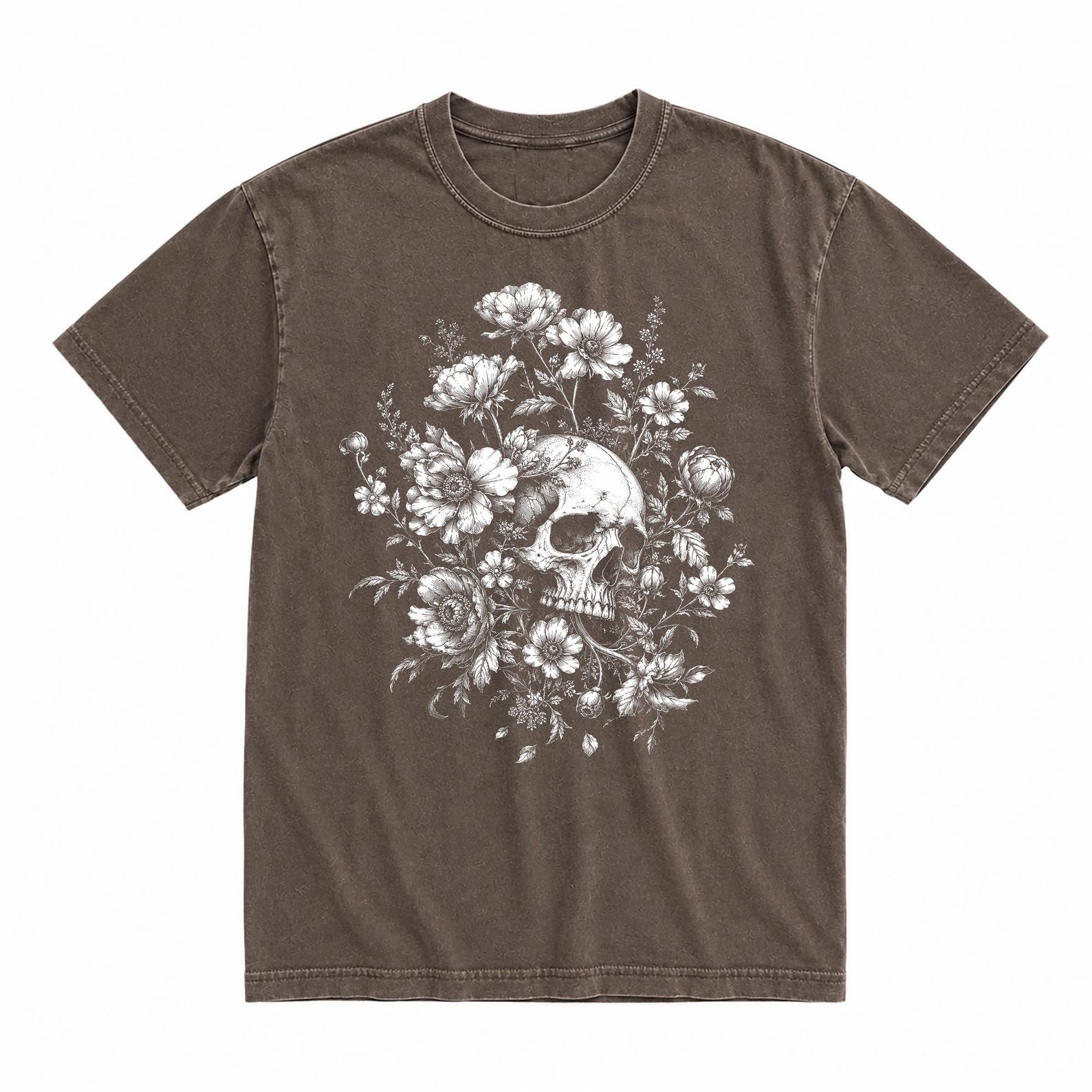 Floral Skull Graphic T-Shirt, Botanical Gothic Tee, Vintage Skeleton Shirt, Streetwear T-Shirt S