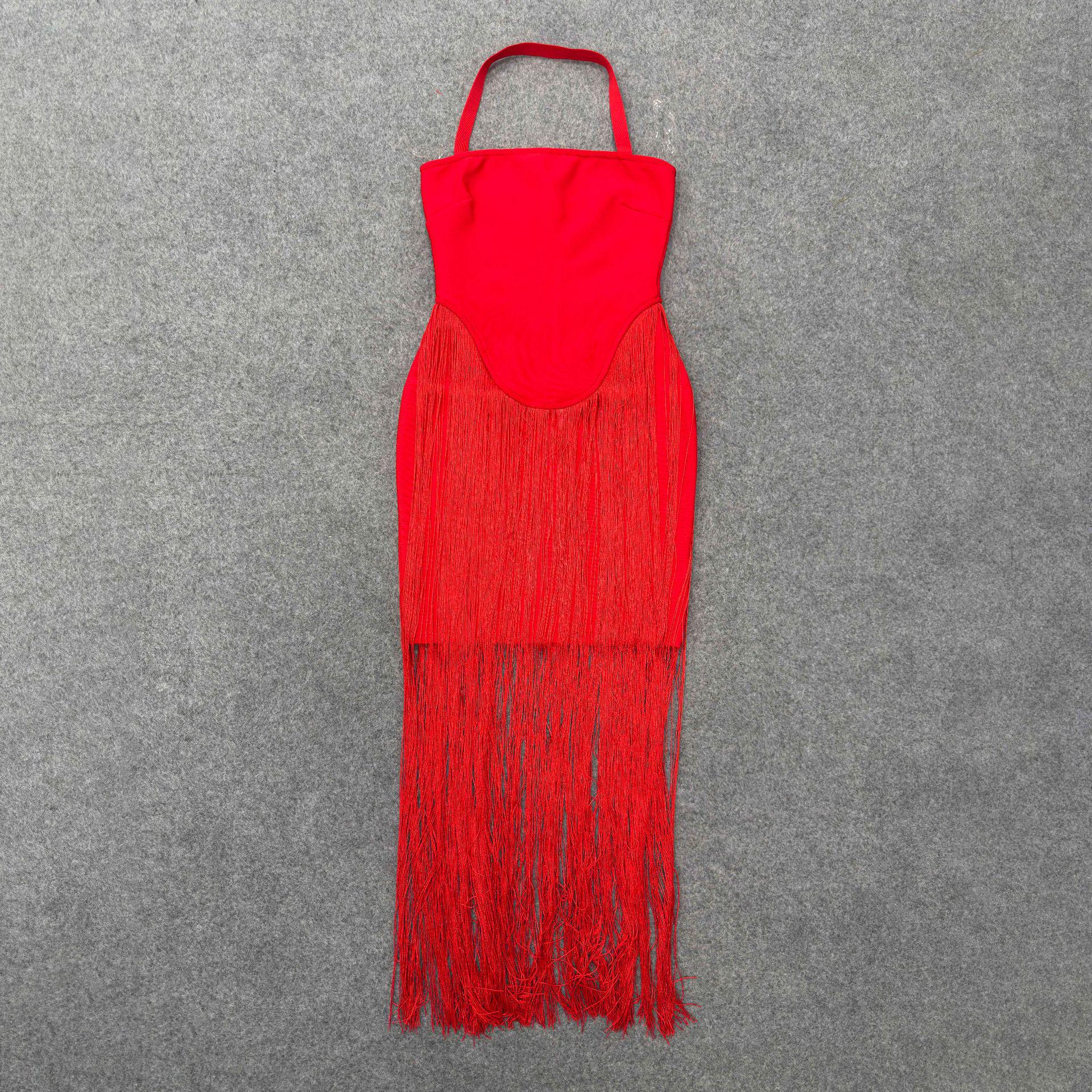 Women s Sexy Strapless Fringe Bandage Dress - European & American Celebrity Style Evening Gown Extra Large красный