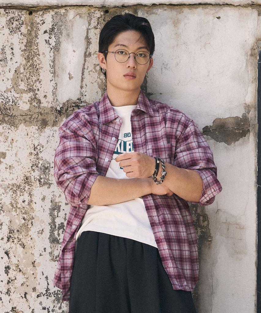 Beokeuldaun Oversized Graphic Check Shirt (Mixed Burgundy)