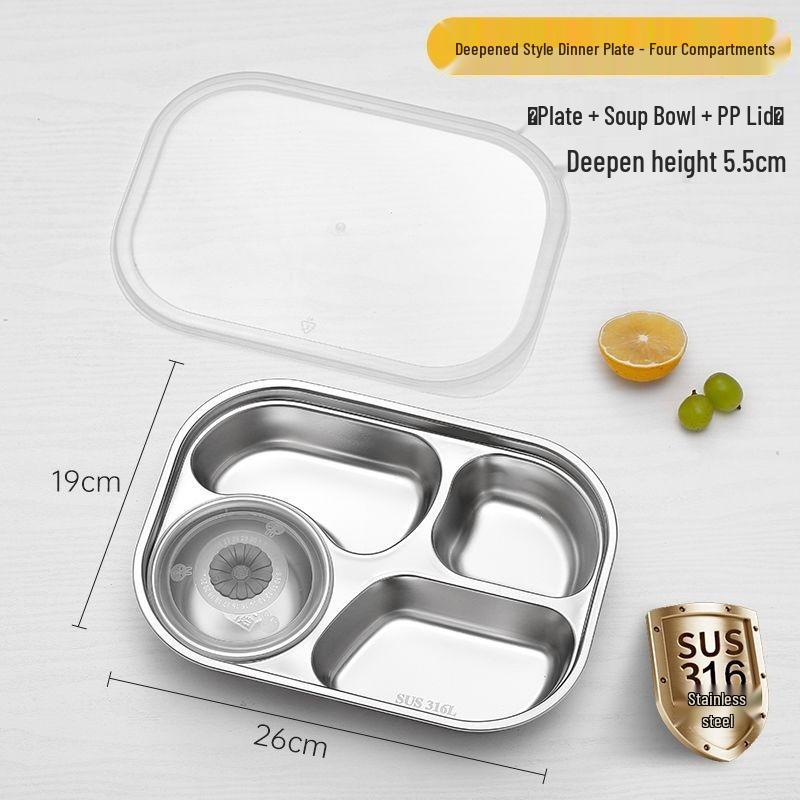 316 Stainless Steel Compartment Meal Tray with Lid - Adult & Student Canteen Lunch Box