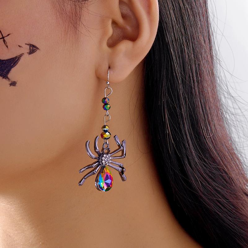 Vintage Colorful Crystal Spider Dangle Earrings for Women Exaggerated Dark Insect Big Spaider Halloween Earrings Gothic Jewelry