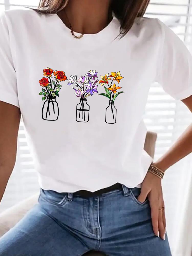 (Asian Size) Print Women Clothing Tee Top flower lovely trend Woman Short Sleeve T Shirt Fashion Female Graphic T-shirts