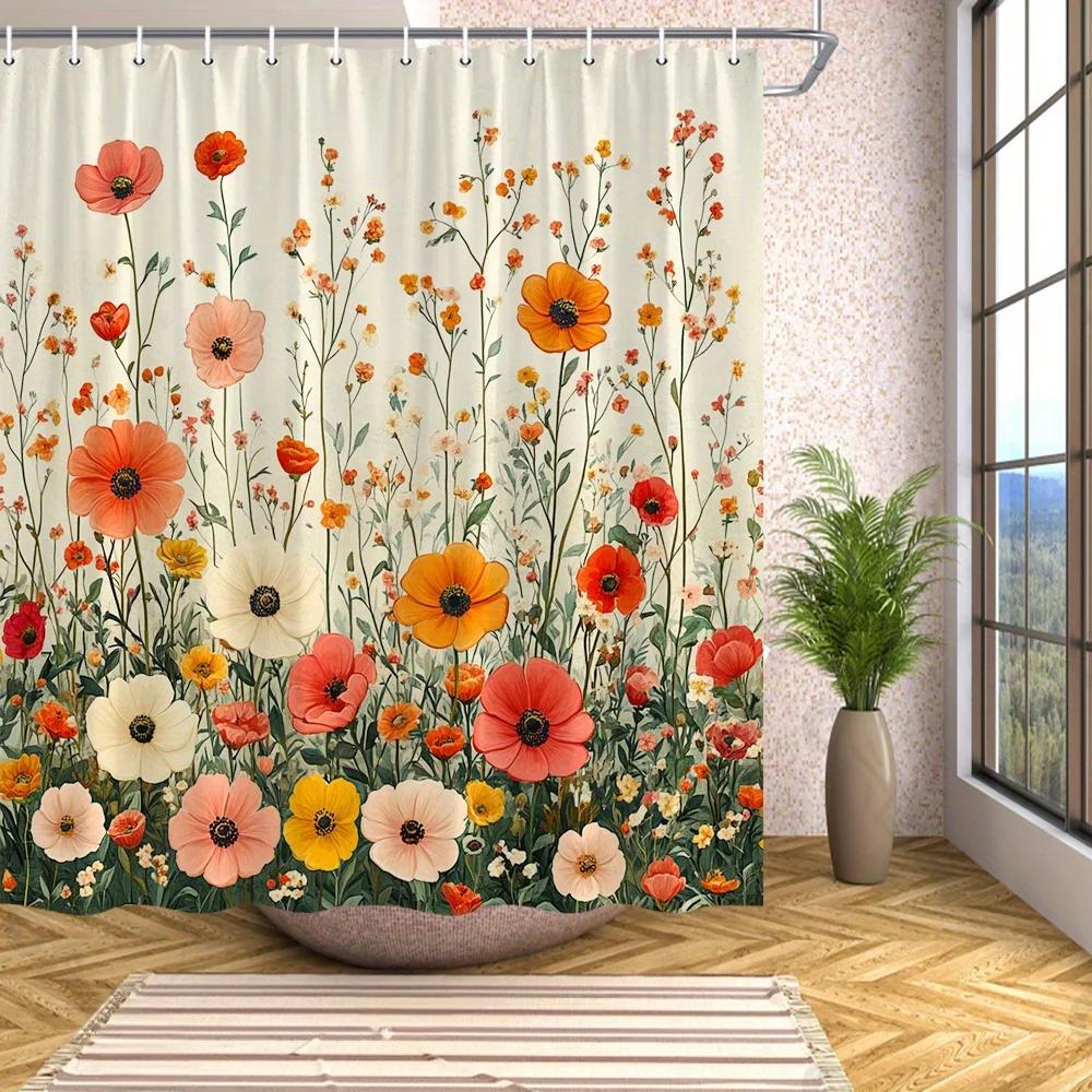 ~O~1pc Lush Flower Field Shower Curtain - Red Poppies & Peonies, Soft Beige Background, Polyester, 70x70", 12 Hooks