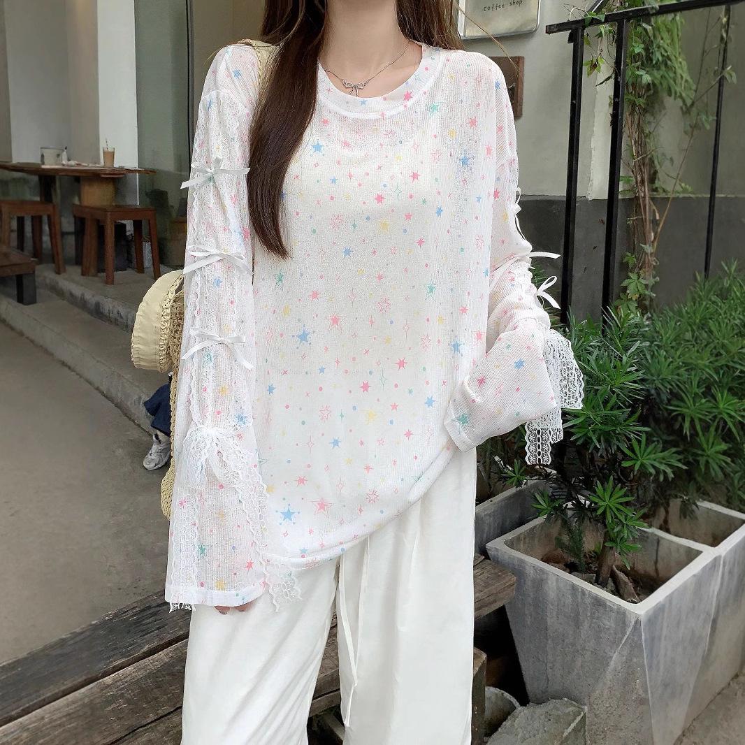 

2025 Summer Retro Print Round Neck Long Sleeve Sun Protection Loose Fit Shirt Large