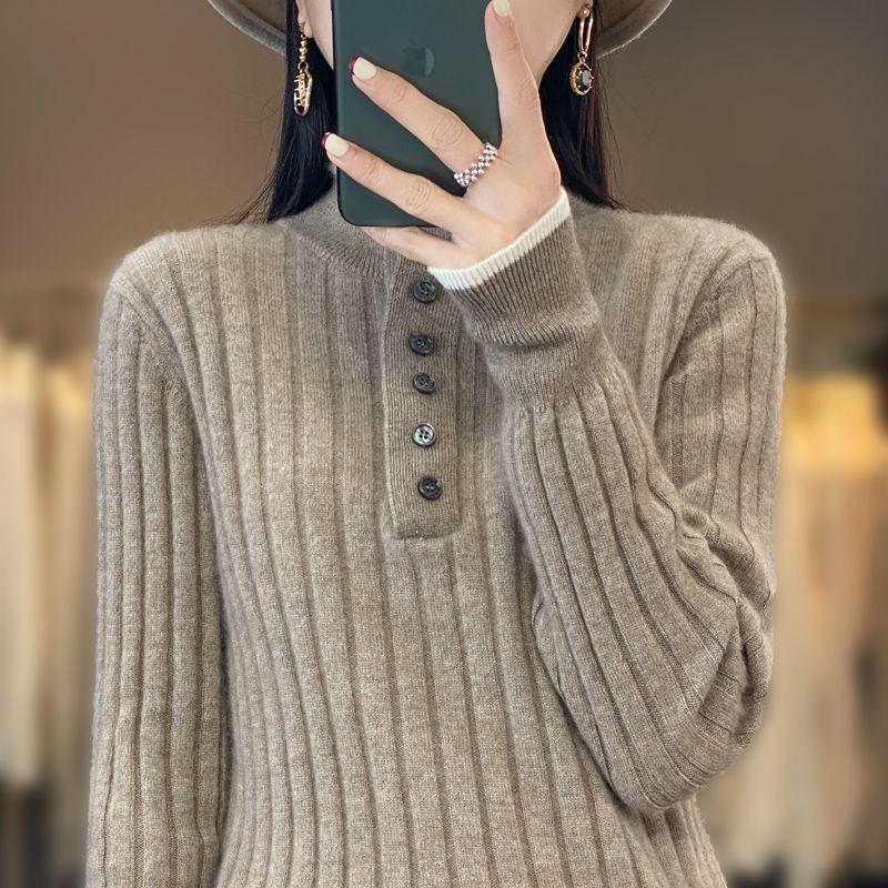 Women Autumn Winter Wool Blend Sweater Polo Collar Tailored Cardigan New Fashion Casual Knitted Loose Soft Jacket Bottom Top