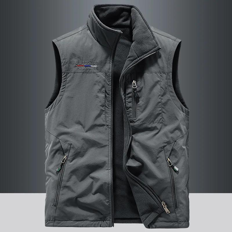 Men's Winter Vest Coat Mens Casual Thicken Polar Fleece Double-sided Dressing Warm Vest Outdoor Camping Hiking Fishing Waistcoat