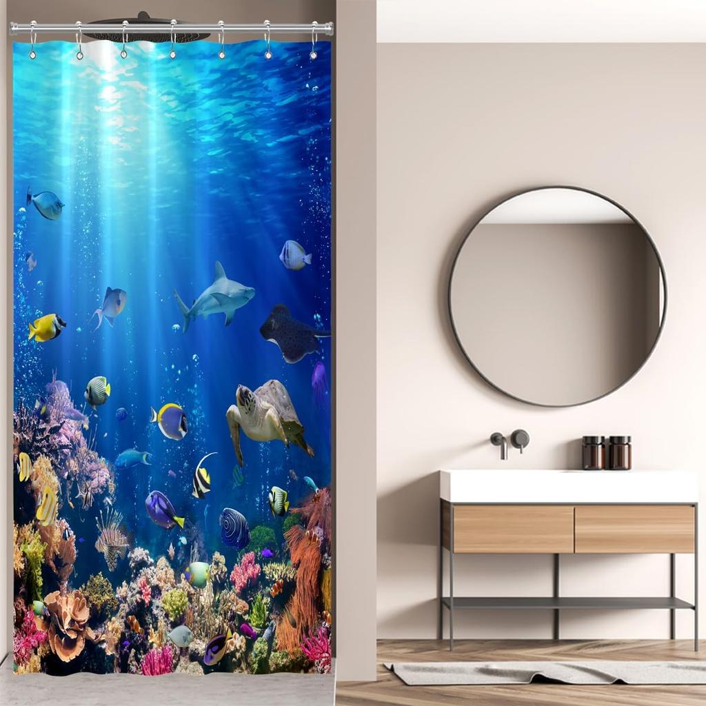 Ocean Underwater World Shower Curtain Colorful Tropical Fishes Turtle Coral in The Deep Sea Home Décor Waterproof Fabric Blue