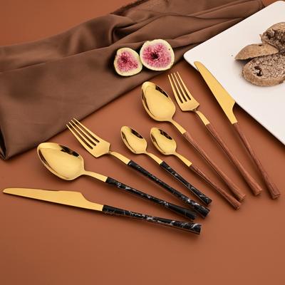 24 pièces manche en bois vaisselle maison cuisine ensemble de vaisselle couteau fourchette cuillère cuillère à café Imitation marbre miroir acier inoxydable Service pour 6