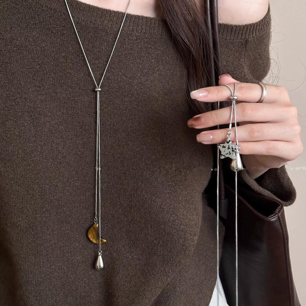 2026 Vintage Natural Spotted Tiger Eye Stone Star Moon Water Drop Pendant Adjustable Long Chain Necklace For Women Accessories