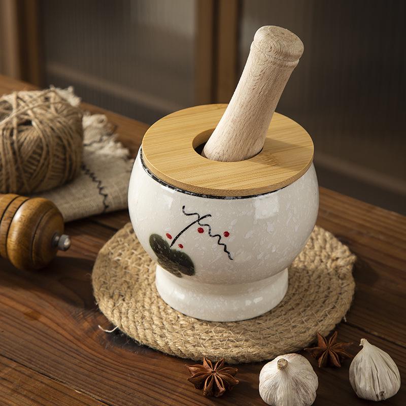 Ezme ve Öğütme İçin Ahşap Tokmaklı Seramik Sarımsak Ezici Havan ve Tokmak Seti