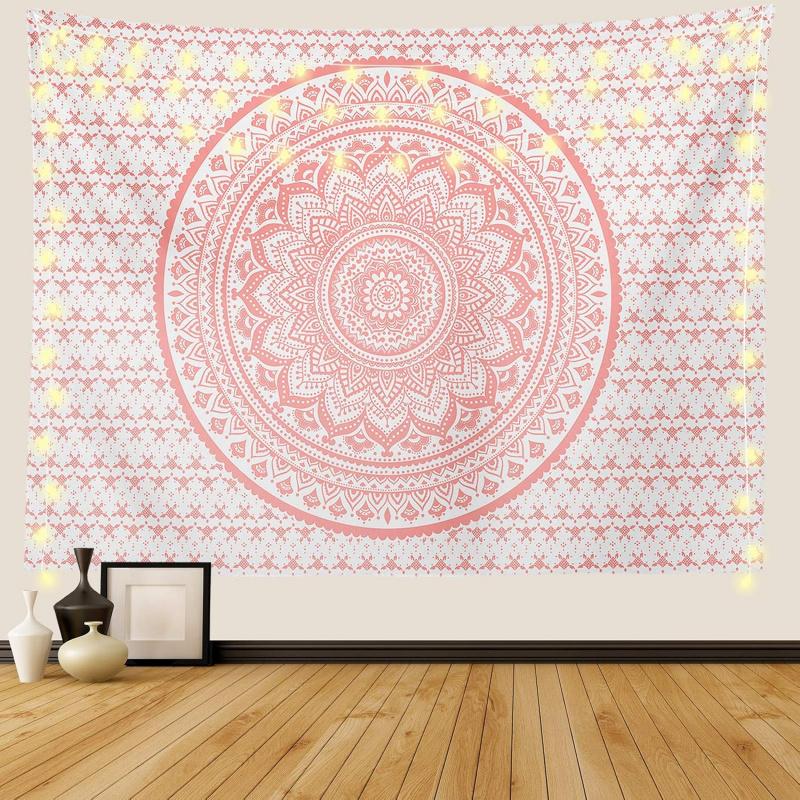 VIKAMA Pink Mandala Tapestry Large Bohemian Wall Hanging Psychedelic Style Living Room Meditation Space Wall Art