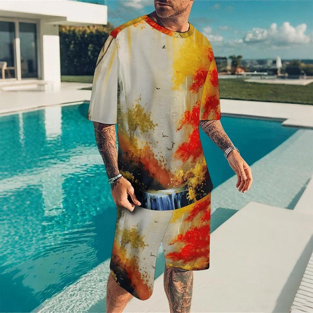 Herren Vintage Fliesenmosaik Patchwork Print Kurzarm T-Shirt und Passende Shorts Zweiteiliges Outfit