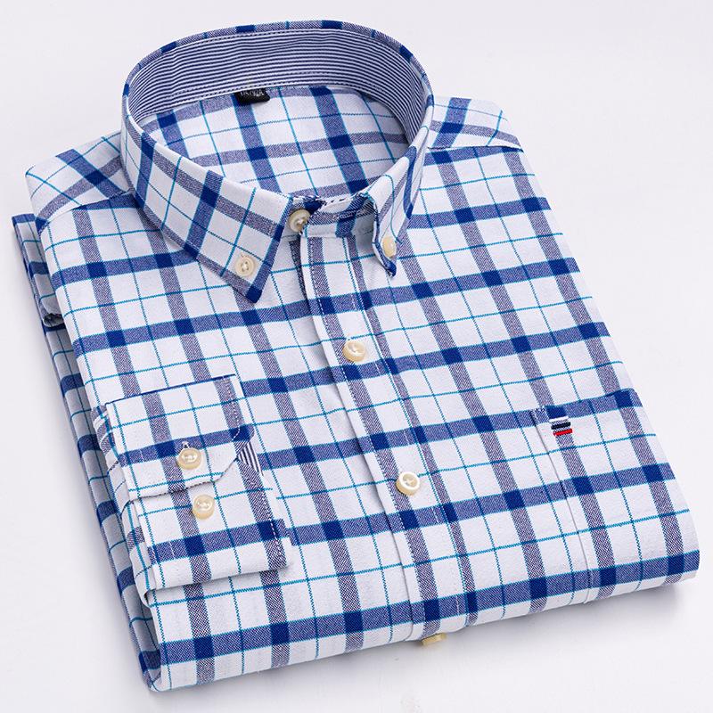 Cotton Men's Oxford Shirts Long Sleeve Casual Plaid Soft Regular Fit Formal Dress Shirt Social Blouse Male Clothes