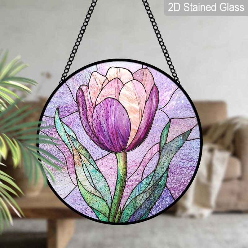 2D Flat Stained Glass Flower Window Decoration, 7.87inches Purple Tulips Design Colored Glass Plate with Chain, Charming Spring Summer Sun Catcher