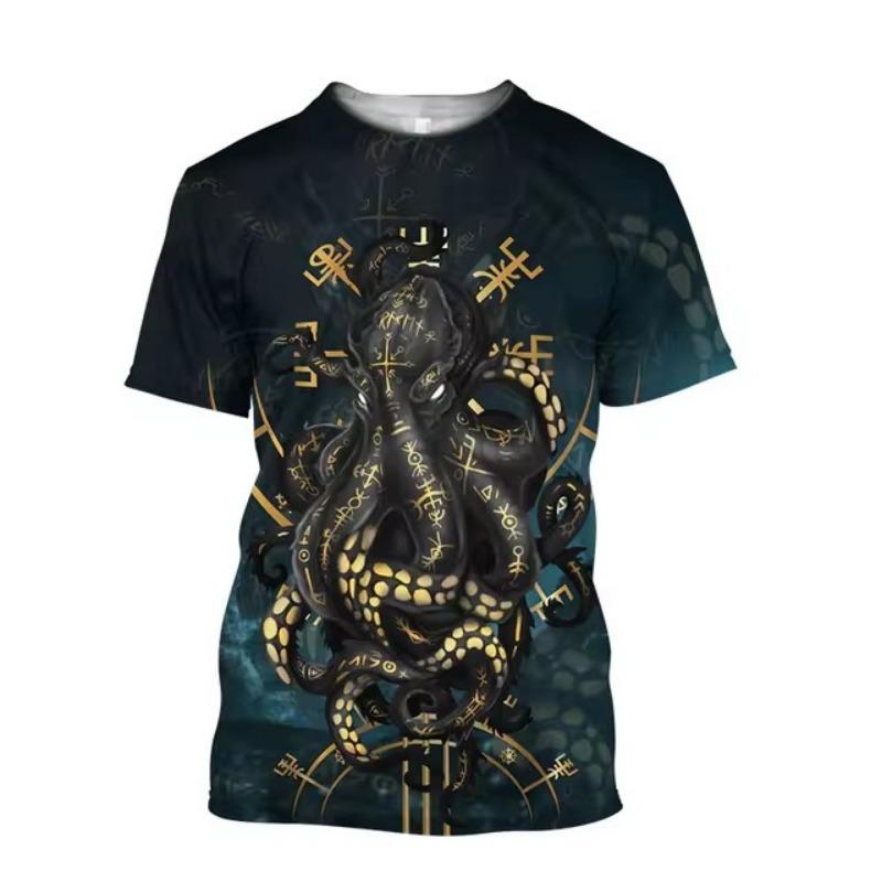 Men'S New Summer 3d Printing Hd Printed O-Collar Short Sleeve T-Shirt Ocean Octopus Art Personality Retro Plus Size Loose Top