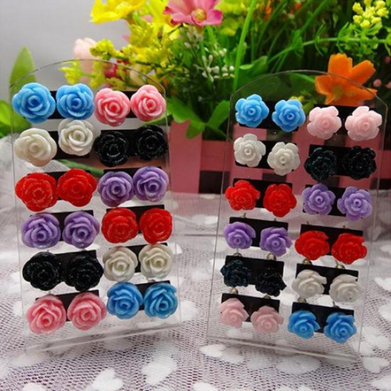 12 Pairs Women's Fashion Rose Flower Mixed Color Flower Ear Stud Earring