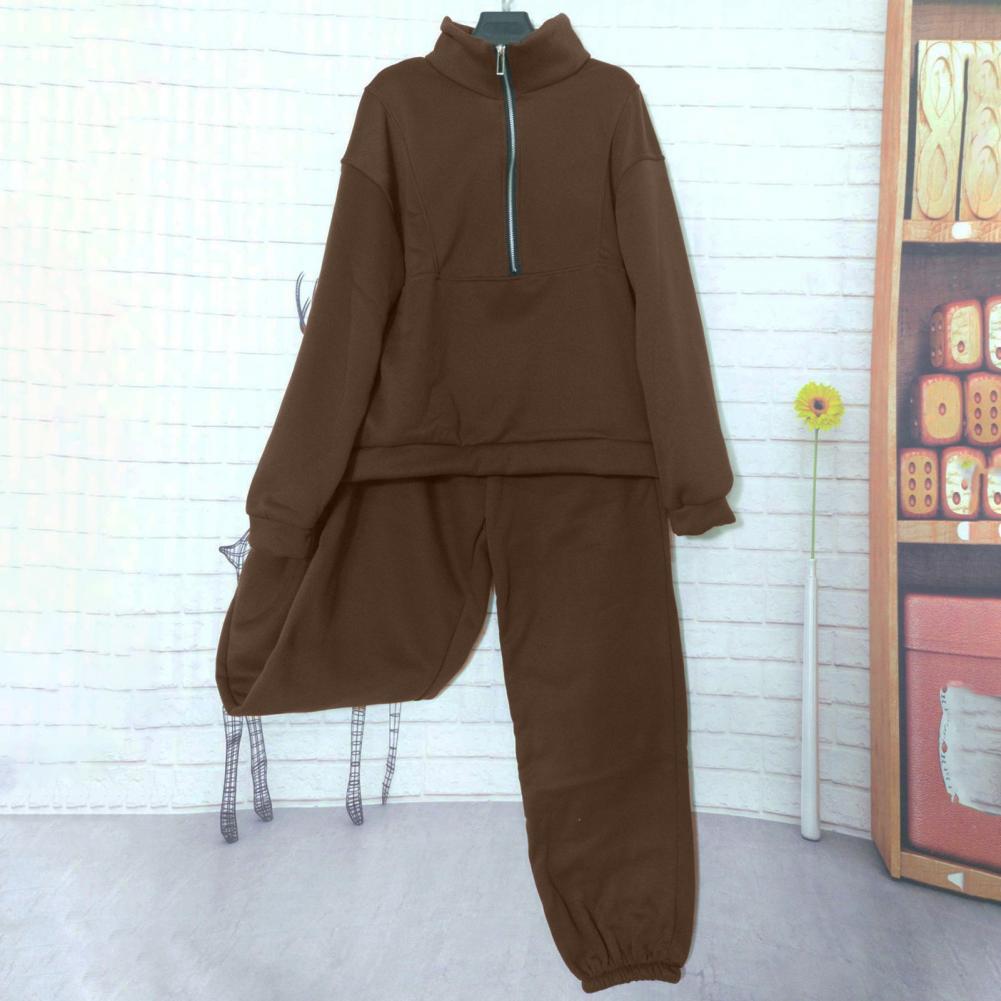 2 Pcs/Set Fall Winter Sweatshirt Pants Set Stand Collar Long Sleeve Loose Zipper Thick Warm Solid Color Elastic Waist Trousers T