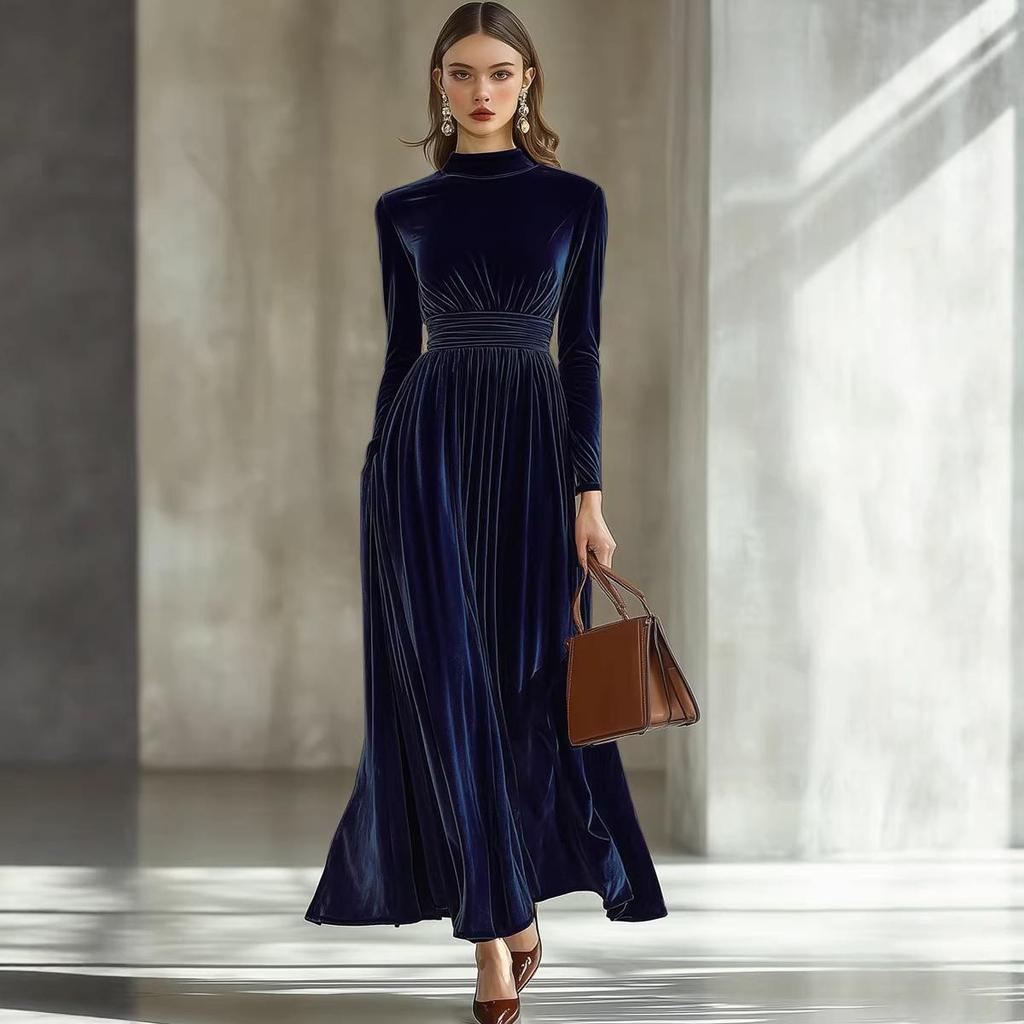 2026 Women's Elegant Gold Velvet Long-Sleeve Slimming Dress with Waist-Cinched Design for Autumn/Winter.