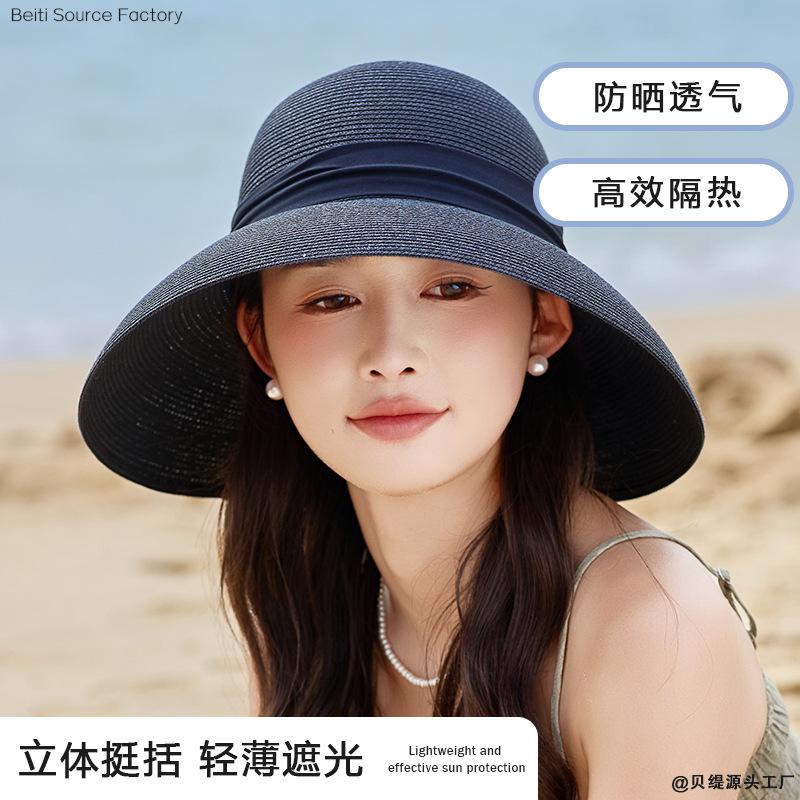 

Summer new big brim hat women s high-end sunscreen straw hat summer outdoor bow sunshade One Size