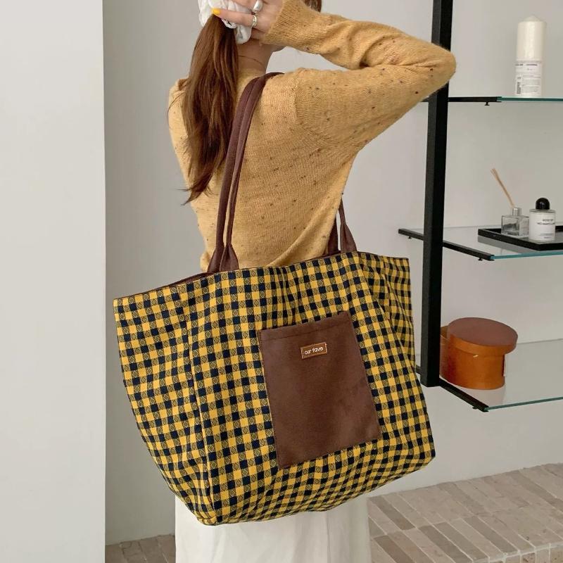 Double-sided Classic Suede Tote Bag for Women Retro Plaid Female Large Shoulder Bags Fall Winter Design Travel Pocket Handbags
