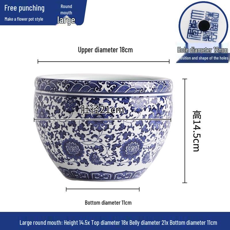 Large Blue and White Porcelain Ceramic Fish Tank for Desktop - Suitable for Goldfish, Turtles, Water Lilies, and Lotus