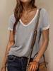 Women Casual V-Neck Contrast Color Block Short Sleeve T-Shirt