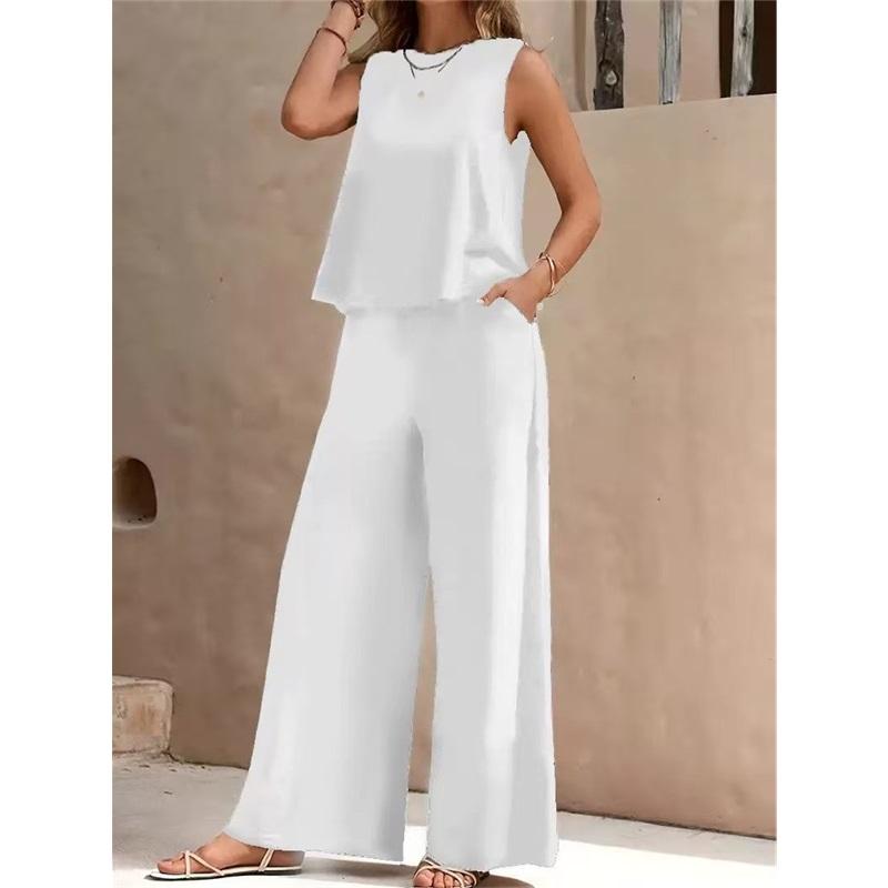  Women's Elegant Solid Color Matching Set Sleeveless Blouse And Wide Leg Pants