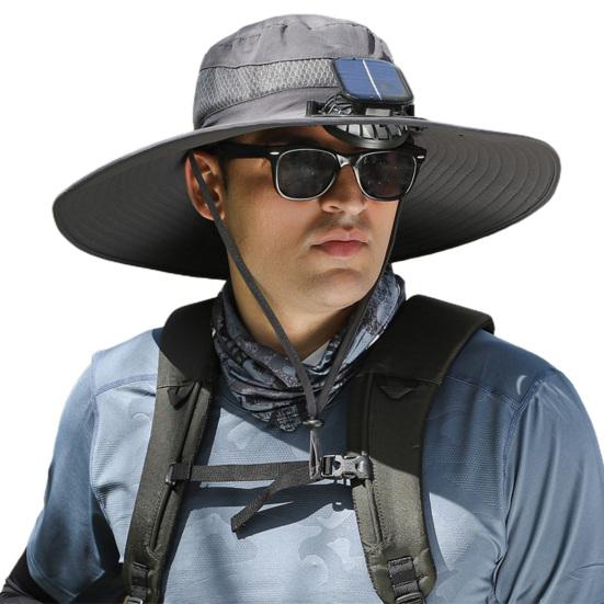 Fischerhut für Herren mit Solarventilator, großer Krempe, winddichtem Riemen, USB-Aufladung, UV-Schutz vor Sonnenlicht, hohe Atmungsaktivität, Angeln im Freien, Camping