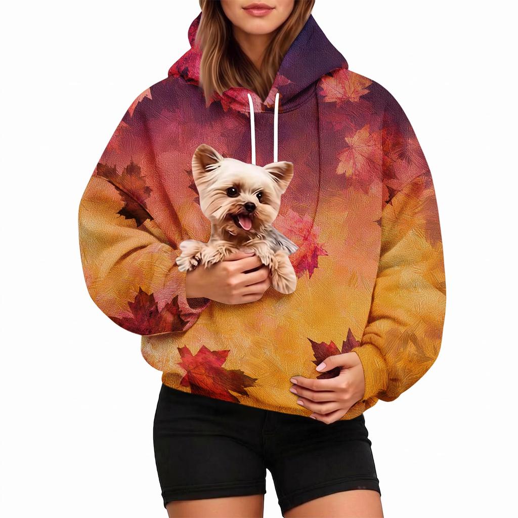 Damen Kapuzenpullover mit Blätterprint und Tasche für Haustiere für Freizeitkleidung