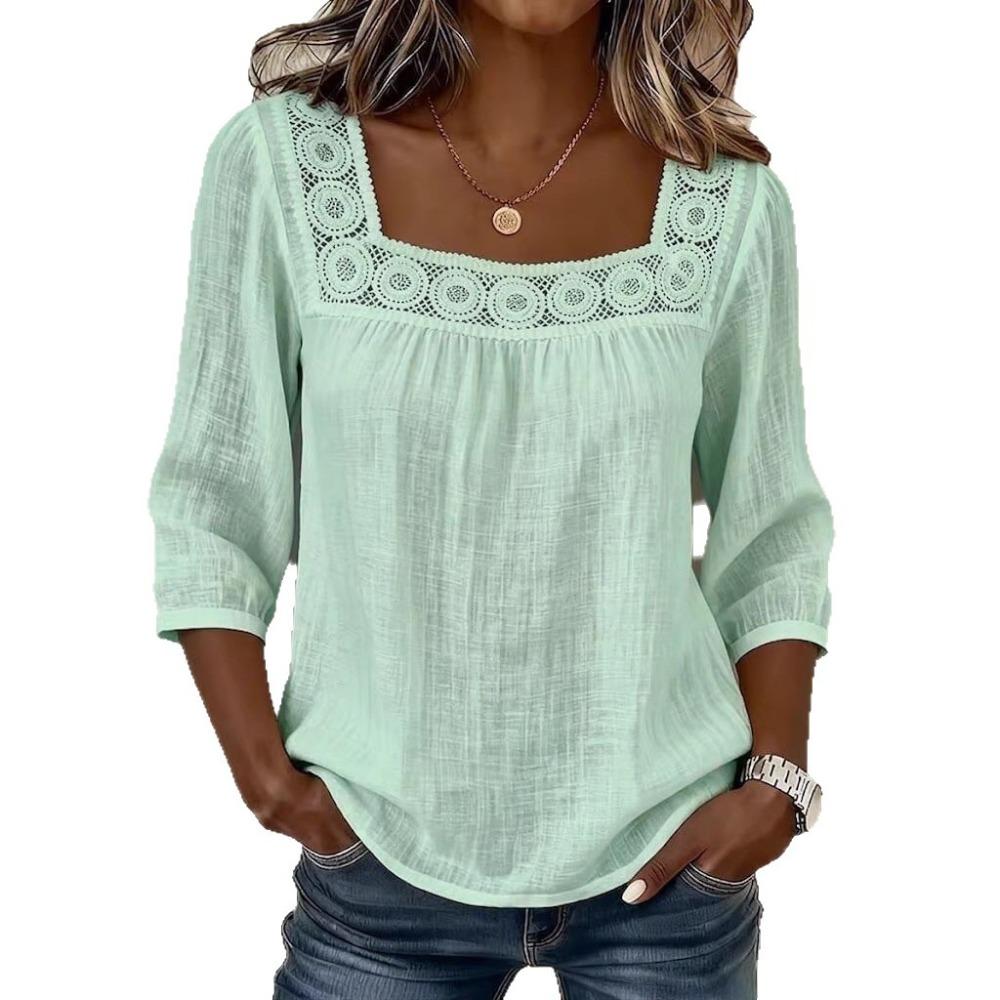 Dames Zomer Effen Kleur Casual Vierkante Hals Kant Ingezet 3/4 Mouw Top