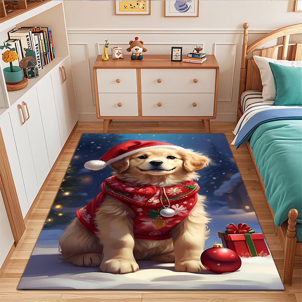 Golden Retriever In Christmas Outfit Patterned Carpet, Suitable As a Non Slip Play Mat for the Living Room and Bedroom Sofa