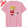 Little Girl with Red Dress and Yellow Hair and Raccoon Vibrant Cartoon Graphic Tee for Women Soft Round Neck Casual & Sporty