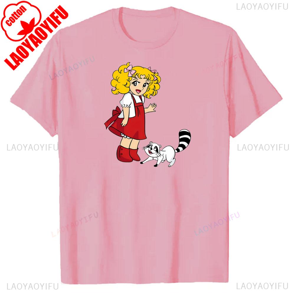 Little Girl with Red Dress and Yellow Hair and Raccoon Vibrant Cartoon Graphic Tee for Women Soft Round Neck Casual & Sporty