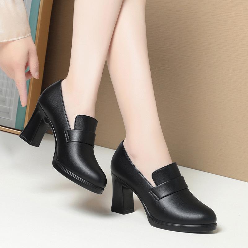 High heels for women, new spring and autumn women's shoes, deep mouth single shoes, mother leather shoes,  black work shoes